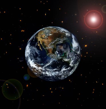 Dünya gezegeninin uzaydan görünümü. Gaz, nebula, yıldızlar. Nasa tarafından döşenmiş bu görüntünün unsurları