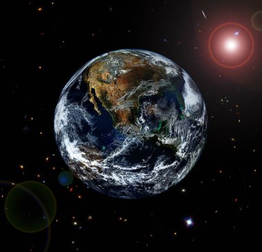Dünya gezegeninin uzaydan görünümü. Gaz, nebula, yıldızlar. Nasa tarafından döşenmiş bu görüntünün unsurları