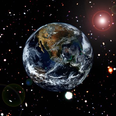 Dünya gezegeninin uzaydan görünümü. Gaz, nebula, yıldızlar. Nasa tarafından döşenmiş bu görüntünün unsurları