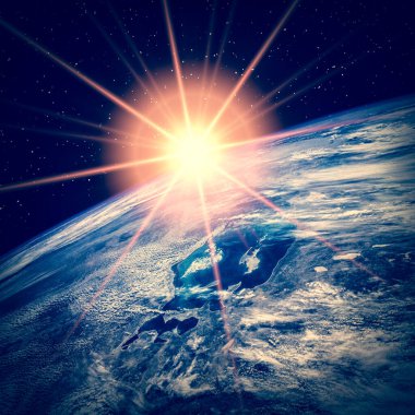 Gün doğumu, uzaydan manzara. Nasa tarafından döşenmiş bu görüntünün unsurları