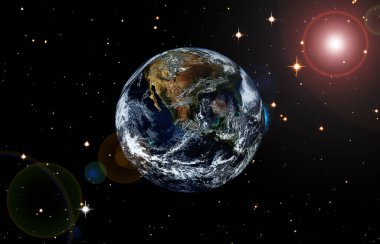 Dünya gezegeninin uzaydan görünümü. Gaz, nebula, yıldızlar. Nasa tarafından döşenmiş bu görüntünün unsurları