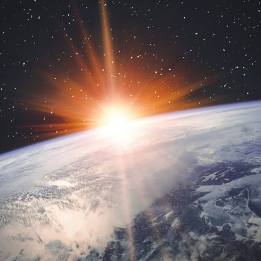 Dünya gezegeni ve büyüleyici gün doğumu. Nasa tarafından döşenmiş bu görüntünün unsurları