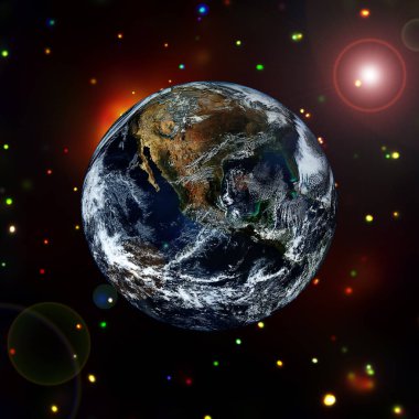 Dünya gezegeninin uzaydan görünümü. Gaz, nebula, yıldızlar. Nasa tarafından döşenmiş bu görüntünün unsurları