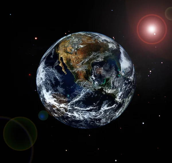 Vista Planeta Terra Partir Espaço Gás Nebulosa Estrelas Elementos Desta — Fotografia de Stock