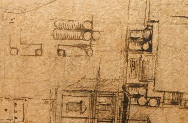 Taslak, çizimler, taslaklar, Leonardo Da Vinci 'nin eski kitabı The Codice Sul Volo' daki ev projesi, E. Rouveyre, 1893