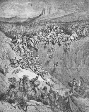 Samson Filistinlileri eski bir kitaptaki eşeğin çenesiyle yener. The Bible in Pictures, by G. Doreh, 1897