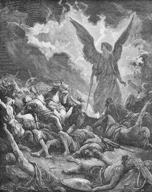 Bir melek, Sennacherib 'in ordusunu yok eder. Eski kitapta, 