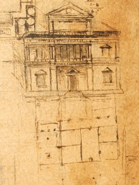 Taslak, çizimler, taslaklar, Leonardo Da Vinci 'nin eski kitabı The Codice Sul Volo' daki ev projesi, E. Rouveyre, 1893