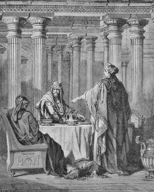 Esther, Haman 'ı eski kitabında lanetlemiştir. Resim İncili, G. Doreh, 189.