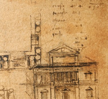 Taslak, çizimler, taslaklar, Leonardo Da Vinci 'nin eski kitabı The Codice Sul Volo' daki ev projesi, E. Rouveyre, 1893