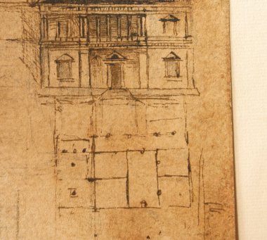 Taslak, çizimler, taslaklar, Leonardo Da Vinci 'nin eski kitabı The Codice Sul Volo' daki ev projesi, E. Rouveyre, 1893