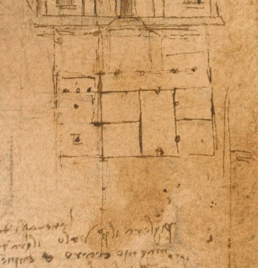 Taslak, çizimler, taslaklar, Leonardo Da Vinci 'nin eski kitabı The Codice Sul Volo' daki ev planı, E. Rouveyre, 1893