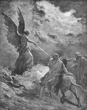 Balaam eski bir kitapta bir melek tarafından tutuluyor. Resimlerdeki İncil, G. Doreh tarafından, 1897 'de.