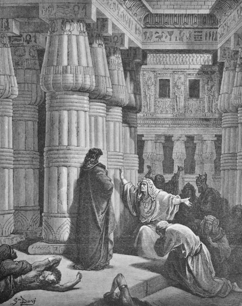 Faraón Ruega Moisés Que Deje Egipto Viejo Libro Biblia Imágenes — Foto de Stock