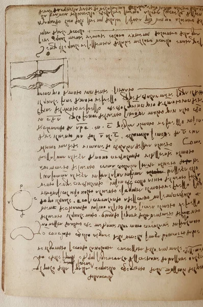 stock image Manuscript, drawings, inscriptions by Leonardo Da Vinci in the old book The Codice Sul Volo, by E. Rouveyre , 1893
