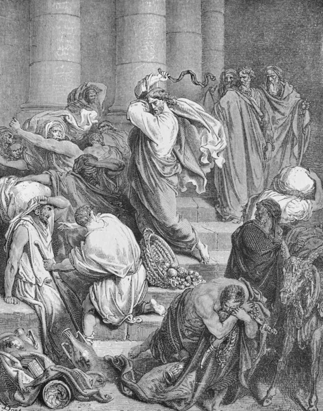 Jézus Kiűzi Kereskedőket Templomból Régi Könyvben Biblia Képekben Írta Doreh — Stock Fotó