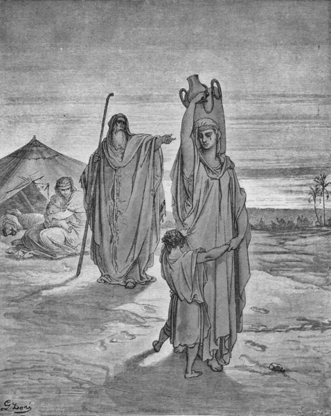 ハガルはアブラハムによって古書The Bible Pictures Doreh 1897年に追放された — ストック写真