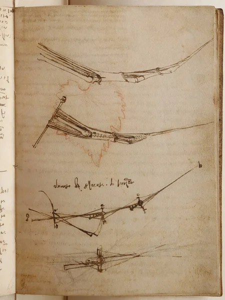 Ala Pájaro Dibujo Leonardo Vinci Viejo Libro Codice Sul Volo —  Fotos de Stock