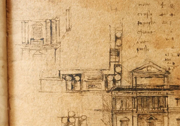 Manuscrito Dibujos Planos Proyecto Casa Leonardo Vinci Viejo Libro Codice —  Fotos de Stock