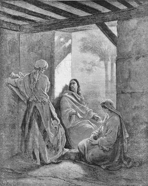 Jesus in the home of Mary and Martha in the old book The Bible in Pictures, by G. Doreh, 189
