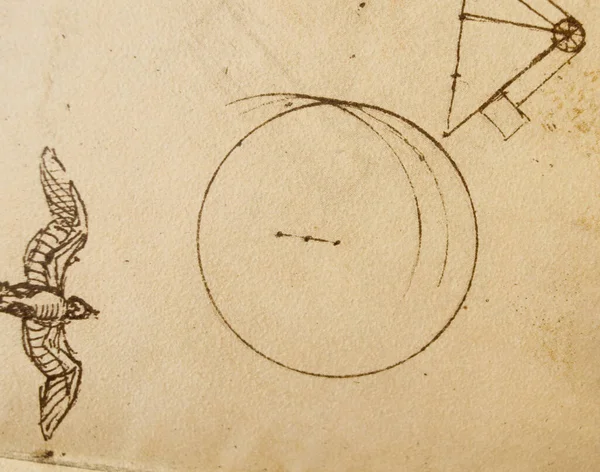 Manuscrito Desenhos Anel Pássaro Leonardo Vinci Livro Antigo Codice Sul — Fotografia de Stock