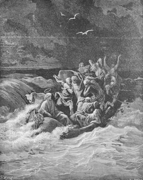 Ιησούς Ηρεμεί Την Καταιγίδα Μαθητές Στο Πλοίο Στο Παλιό Βιβλίο — Φωτογραφία Αρχείου