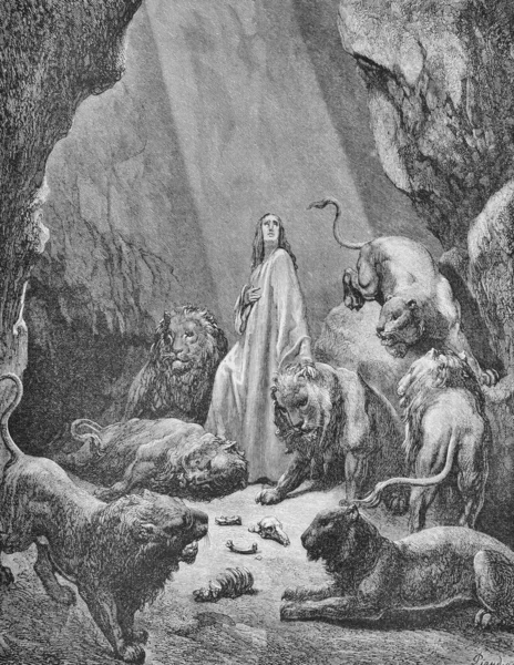 Δανιήλ Στη Φωλιά Των Λιονταριών Στο Παλιό Βιβλίο Αγία Γραφή — Φωτογραφία Αρχείου