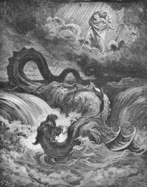 Dumnezeu Lovește Leviatanul Vechea Carte Biblia Imagini Doreh 189 — Fotografie, imagine de stoc