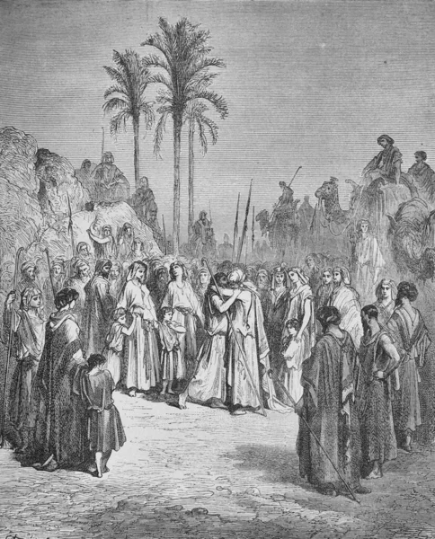 Jákobovo Usmíření Svým Bratrem Ezauem Staré Knize Bible Obrázcích Doreha — Stock fotografie