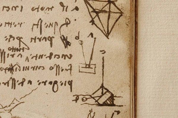 stock image Manuscript, drawings, blueprints by Leonardo Da Vinci in the old book The Codice Sul Volo, by E. Rouveyre , 1893