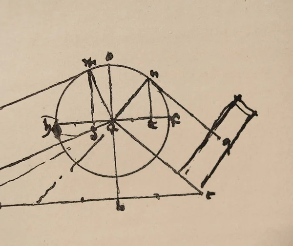 Manoscritto Disegni Cianografie Cerchio Leonardo Vinci Nel Vecchio Libro Codice — Foto Stock