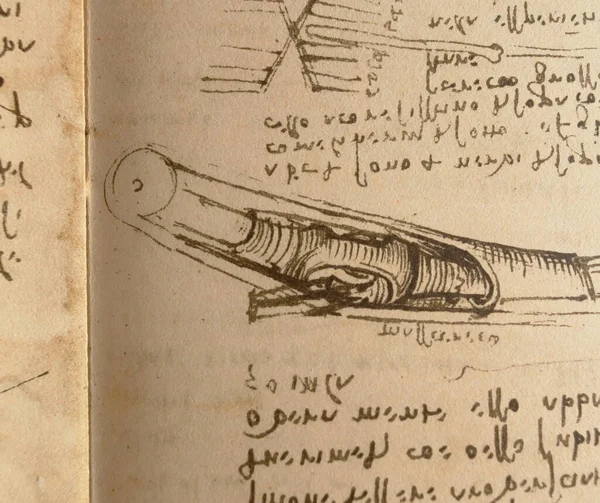 Manuscrito Dibujos Planos Mecanismo Alar Leonardo Vinci Viejo Libro Codice —  Fotos de Stock