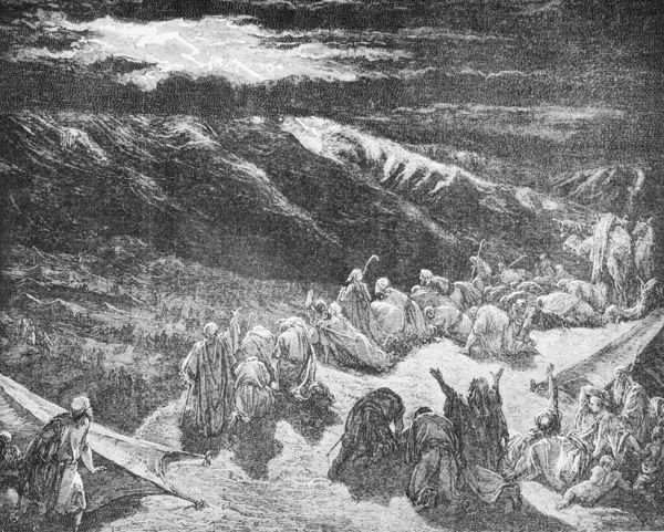 Doreh所著的 画中的圣经 一书中 摩西指挥大海 1897年 — 图库照片