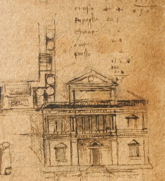 stock image Manuscript, drawings, blueprints, house project by Leonardo Da Vinci in the old book The Codice Sul Volo, by E. Rouveyre , 1893