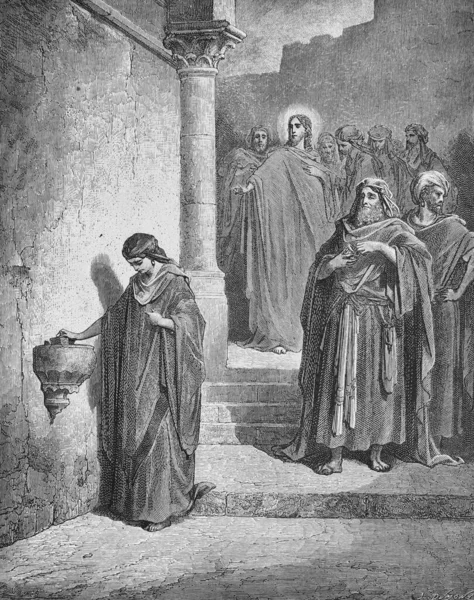 Jézus Végignézi Ahogy Özvegy Átadja Atkát Templomnak Régi Könyvben Biblia — Stock Fotó