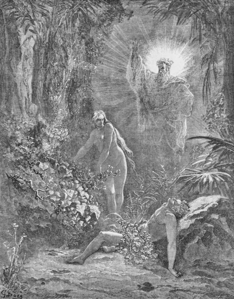 Creación Eva Viejo Libro Biblia Imágenes Por Doreh 1897 — Foto de Stock