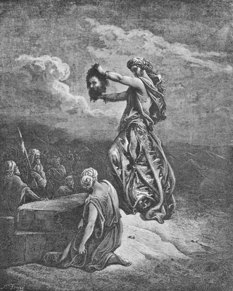 Judith Mostra Testa Oloferne Nel Vecchio Libro Bibbia Immagini Doreh — Foto Stock