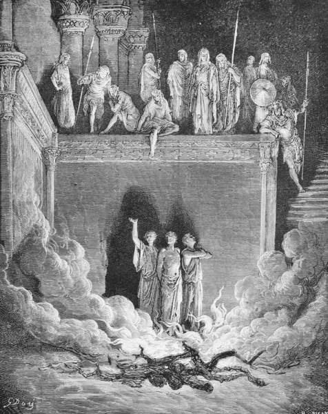 Három Fickó Egy Tüzes Kemencében Babilonban Régi Könyvben Biblia Képekben — Stock Fotó
