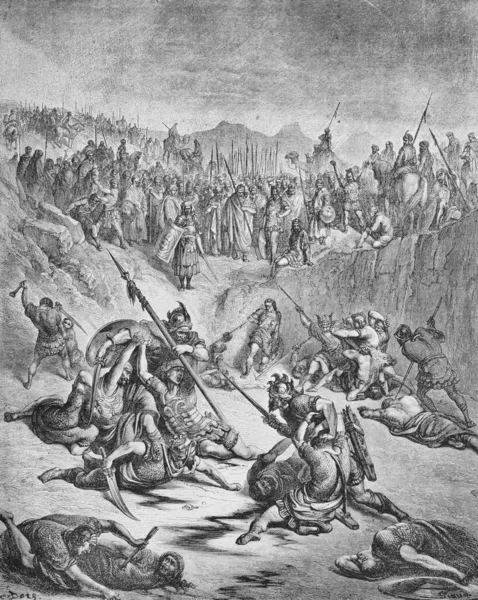 Doreh所著的 图像圣经 一书中 杰博谢伊和大卫的战斗 1897年 — 图库照片
