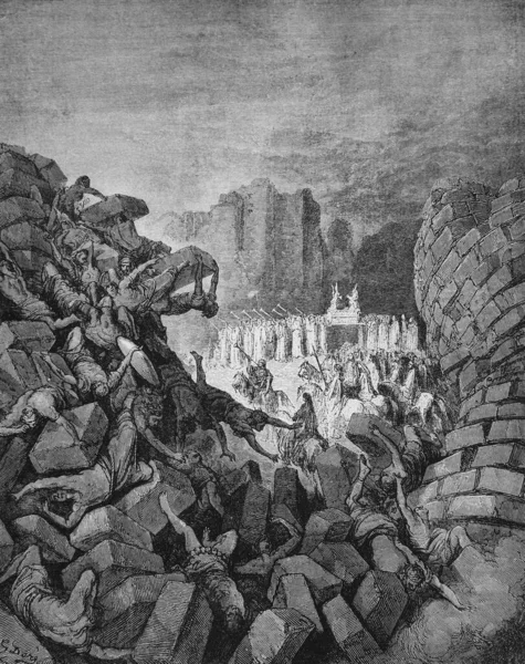 Doreh所著的 画中圣经 一书中 杰里科城墙的倒塌 1897年 — 图库照片