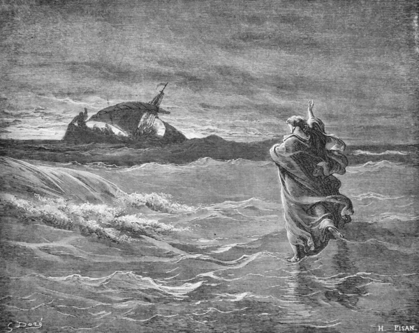 Jesus Caminha Sobre Água Para Barco Velho Livro Bíblia Fotos — Fotografia de Stock