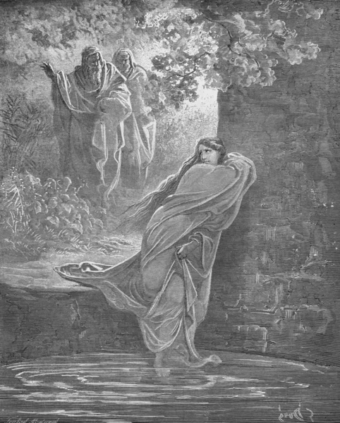 Susanna在G Doreh所著的 Bible Pictures 一书中洗澡 189 — 图库照片