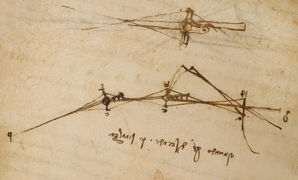 Rękopis Rysunki Plany Leonarda Vinci Ego Starej Książce Codice Sul — Zdjęcie stockowe