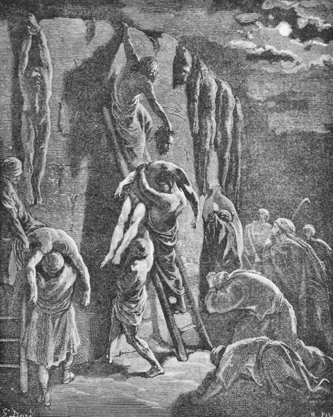 Obywatele Jabesz Gaalad Usuń Ciało Saula Starej Książki Biblia Obrazach — Zdjęcie stockowe