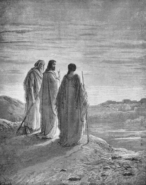 Jésus Sur Route Emmaüs Dans Ancien Livre Bible Images Par — Photo