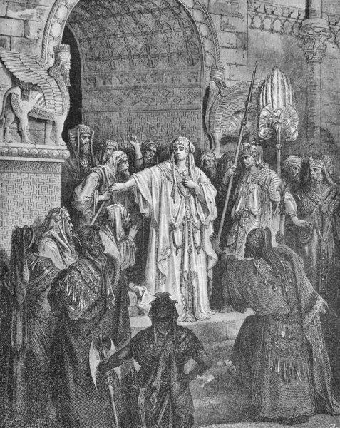 바슈티는 1897 도레의 Bible Pictures 아르타 크세르크세스의 명령에 불복종하였다 — 스톡 사진