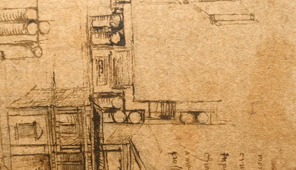 Manuscrito Dibujos Planos Proyecto Casa Leonardo Vinci Viejo Libro Codice —  Fotos de Stock