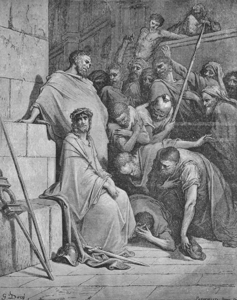 Ježíš Byl Zesměšňován Římskými Vojáky Staré Knize Bible Obrázcích Doreha — Stock fotografie