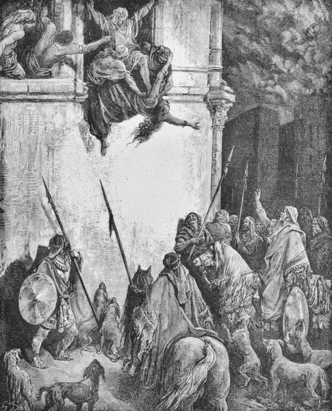 耶户把耶洗别扔在古书 画中的圣经 中的窗户外 作者是G Doreh 1897年 — 图库照片