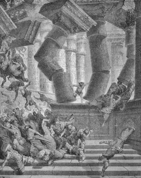 Śmierć Samsona Pod Kolumnami Starej Książce Biblia Obrazach Doreha 1897 — Zdjęcie stockowe